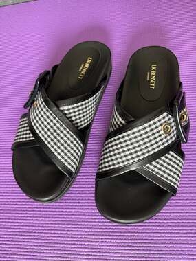 LK Bennett Rory Gingham Buckle Flat Slide Sandals Black White Size US 6 EU 36